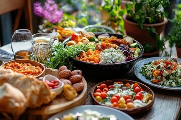 Catering company presenting georgian cuisine dishes on a decorated table