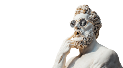 Sculpture of Greek Man with Shocked Expression and Sunglasses, Isolated on Transparent Background with Copy Space