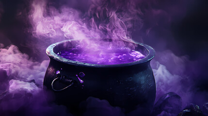 A black cauldron filled with purple potion and surrounded by purple smoke. Midnight Alchemy Rituals. Illustration