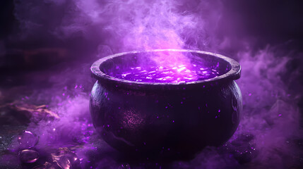 A black cauldron filled with purple potion and surrounded by purple smoke. Midnight Alchemy Rituals. Illustration