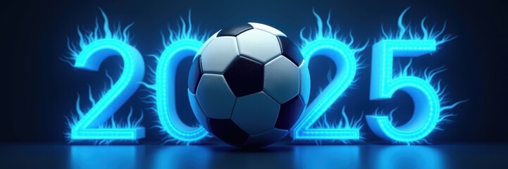 A vibrant soccer-themed design featuring a glowing ball and the year 2025, perfect for sports promotions, events, and tournaments.
