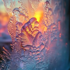 Intricate Frost Patterns on Glass at Sunrise with Warm Colors