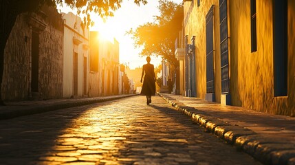 Woman Walking into the Sunset Through Colorful Streets