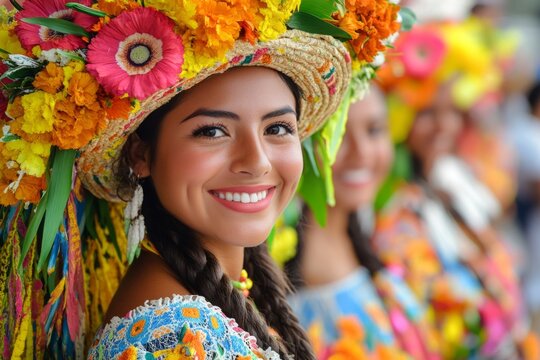 Colombian woman with traditional colorful floral hat smiling during parade