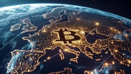 global world map of europe with established bitcoin blockchain network shining in the night time - Powered by Adobe