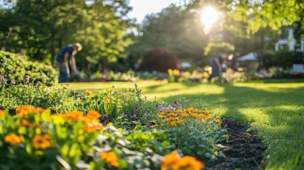 A vibrant image of gardeners tidying up a public garden, trimming hedges, and planting new flowers. Well-maintained garden showcases the beauty of clean organized green space for community to enjoy
