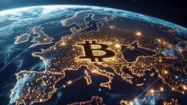 global world map of europe with established bitcoin blockchain network shining in the night time