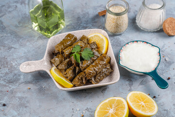 Delicious dolma (sarma) stuffed grape leaves rice.