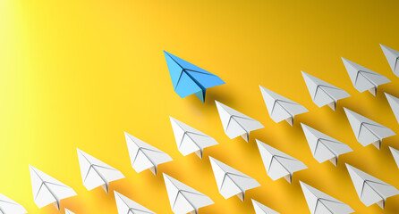 Leadership concept, blue leader plane leading white planes, on yellow background. 3D Rendering