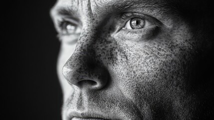 Fototapeta premium A creative and artistic black-and-white portrait of an adult with freckles. The use of monochromatic tones brings out the contrast and texture of the freckles, highlighting their unique patterns.