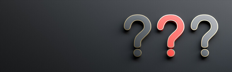 Red and black question mark on black background with empty copy space on left side, FAQ Concept. 3D Rendering