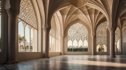 Fototapeta premium Serene Arabian Palace Hall Sunlight Interior Design
