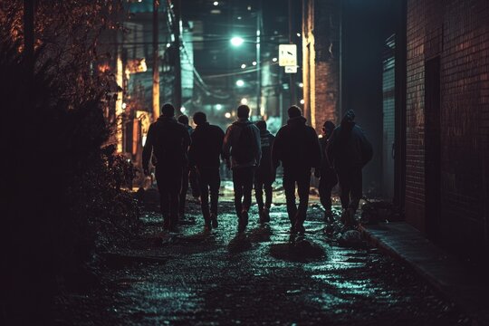 Gang members are patrolling their territory in a dangerous neighborhood at night
