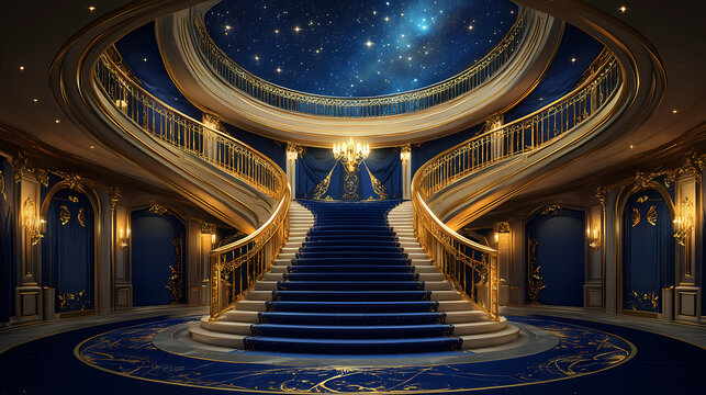 Grand, opulent double staircase with gold railings and a navy blue carpet featuring a celestial design, under a circular ceiling with a starry night sky. Celestial Staircases. Illustration