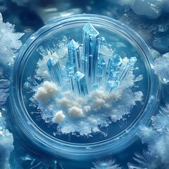 Beautiful Ice Crystals on a Soft Snowy Surface in Blue Light