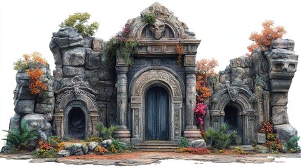 Obraz premium Exploring ancient ruins with intricate carvings fantasy landscape digital art vibrant flora wide-angle view historic concepts