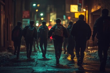 Group of students with backpacks running in dark street at night, escaping from something
