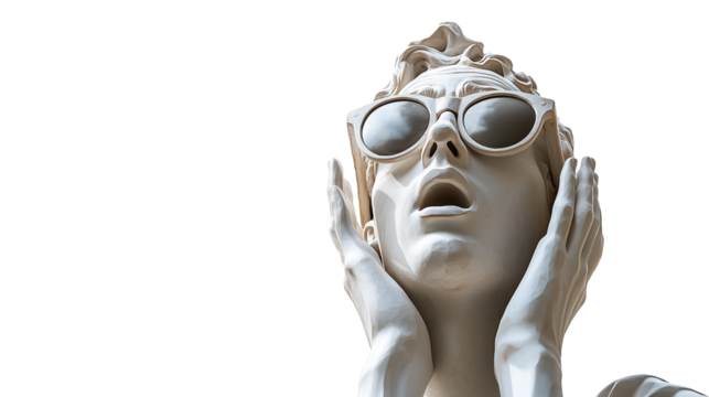 Sculpture of Greek Man with Shocked Funny Expression and Sunglasses, Isolated on Transparent Background with Copy Space