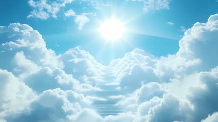 Stairs rise through white clouds towards a heavenly blue sky and sun, symbolizing a holy path or stairway to paradise. Celestial Staircases. Illustration