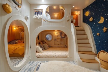 Futuristic spaceship-themed bedroom with bunk beds, round doorways, and a starry night sky wall, creating a playful and imaginative space for kids