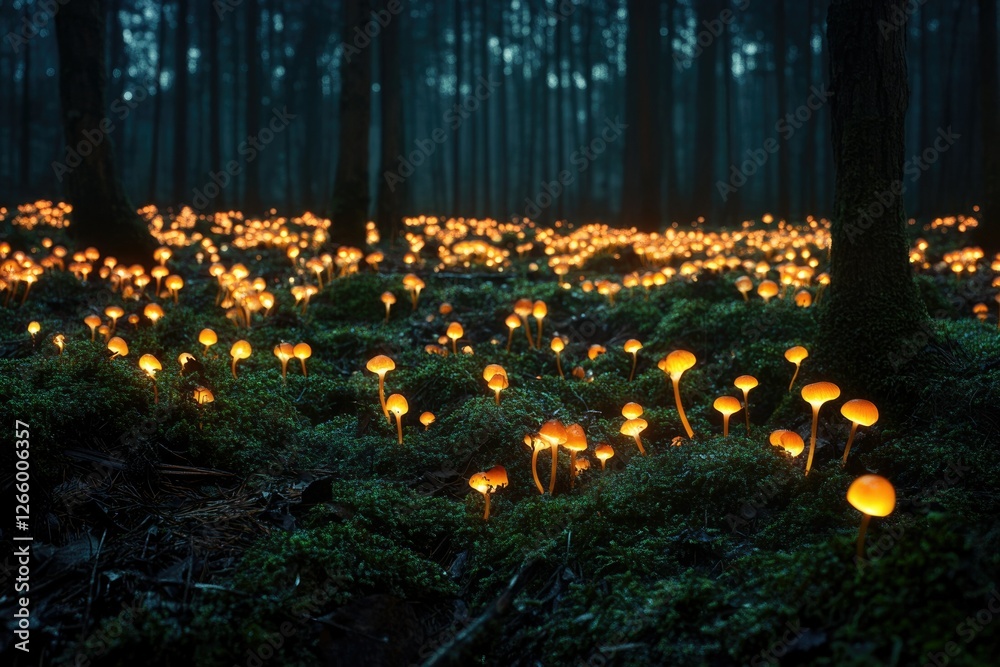 Poster glowing mushrooms illuminate a dark forest floor, creating a magical, enchanting scene.