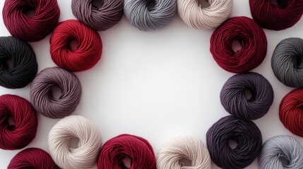 A row of colorful yarns are arranged in a circle
