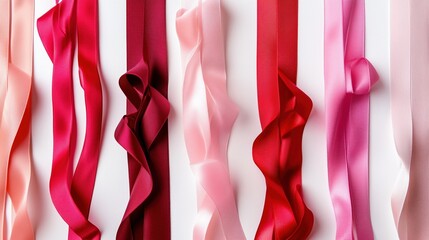A row of pink and red ribbons are displayed on a white background