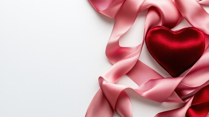 A red heart is placed on a pink ribbon