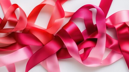 A bunch of red and pink ribbons are tied together
