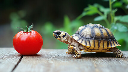 A greek tortoise and a red tomato in the garden.