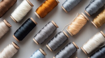 A collection of different colored threads are laid out in a row