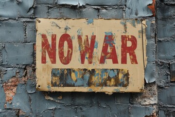 Close-up of a weathered no war sign attached to a crumbling brick wall, conveying a powerful message of peace