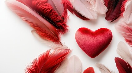 A heart is surrounded by feathers in a red color