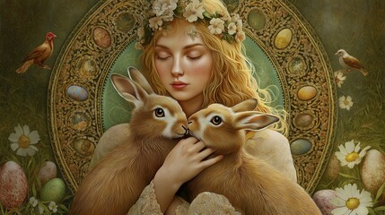 Enchanting Ostara Goddess Holding Two Hares with Decorative Eggs and Floral Crown for Pagan Spring Celebrations, Wiccan Rituals, and Seasonal Spiritual Artwork