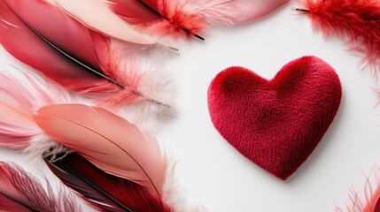 A heart is surrounded by feathers and a red plush toy
