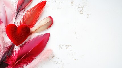 A heart is surrounded by feathers and a white background