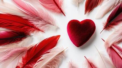 A heart is surrounded by feathers in a red and pink color scheme