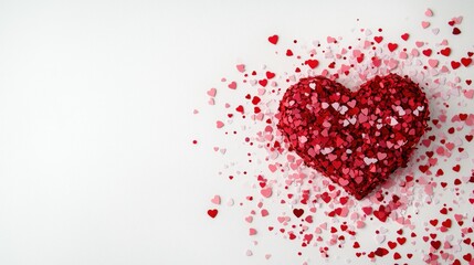 A heart made of red and pink paper is scattered across a white background