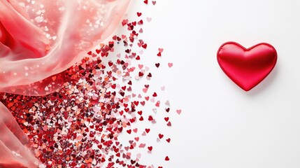 A red heart is surrounded by a pile of red confetti