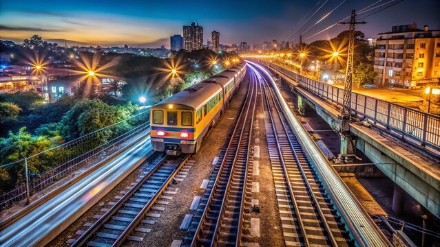 Nighttime Mumbai Local Train Speeding Past Footbridge Wide Angle View