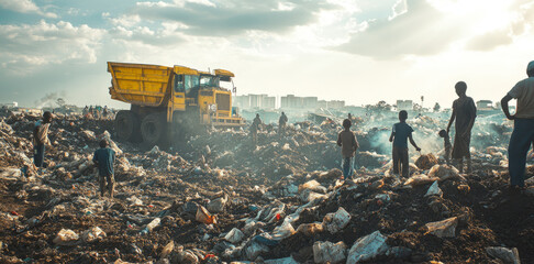 Waste pickers searching recyclable materials in a landfill while a truck dumps more garbage