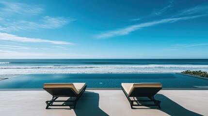 Two lounge chairs are set up on a beach next to a pool