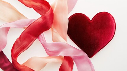 A red heart is placed on top of a long red ribbon