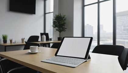 Fototapeta premium Office workspace with laptop mockup for remote work and business