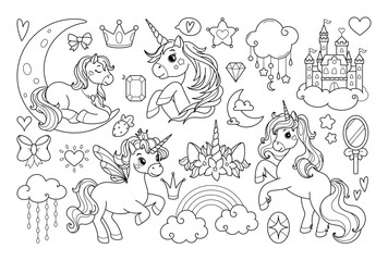 Set with unicorns, hearts, clouds, rainbows and other elements. For T-shirts, textiles, cards, posters, coloring books.