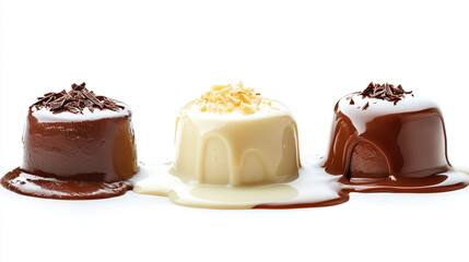 Mixed pudding in different flavours dripping down, dark and light chocolate and vanilla, isolated on a white background.
