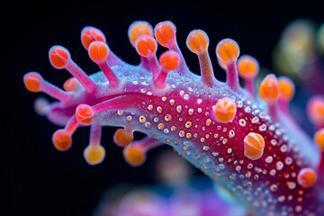 A close up of a red and orange sea anemone on a black background