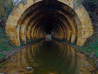 Naklejka premium Stone tunnel reflection autumn