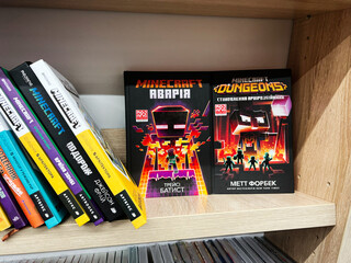 Naklejka premium Lviv, Ukraine - February 13, 2025: Collection of Minecraft Books Displayed on a Wooden Shelf