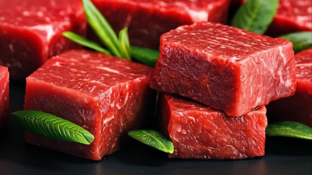Raw beef cubes with green leaves, typically used for cooking or marinating.